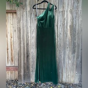 David’s Bridal Cutout One-Shoulder Velvet Gown w/Skirt Slit-Sz 6-juniper green